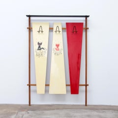 Italian Wall Coat Rack with Red Cats, Cream and Hat Rack, 1960
