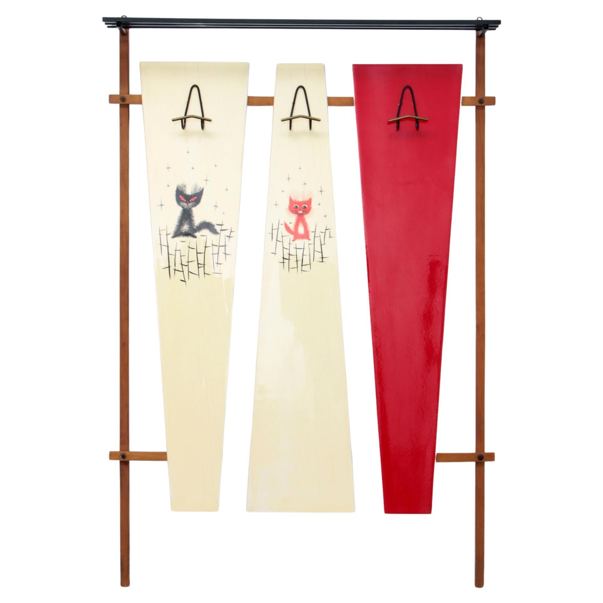 Italian Wall Coat Rack with Red Cats, Cream and Hat Rack, 1960