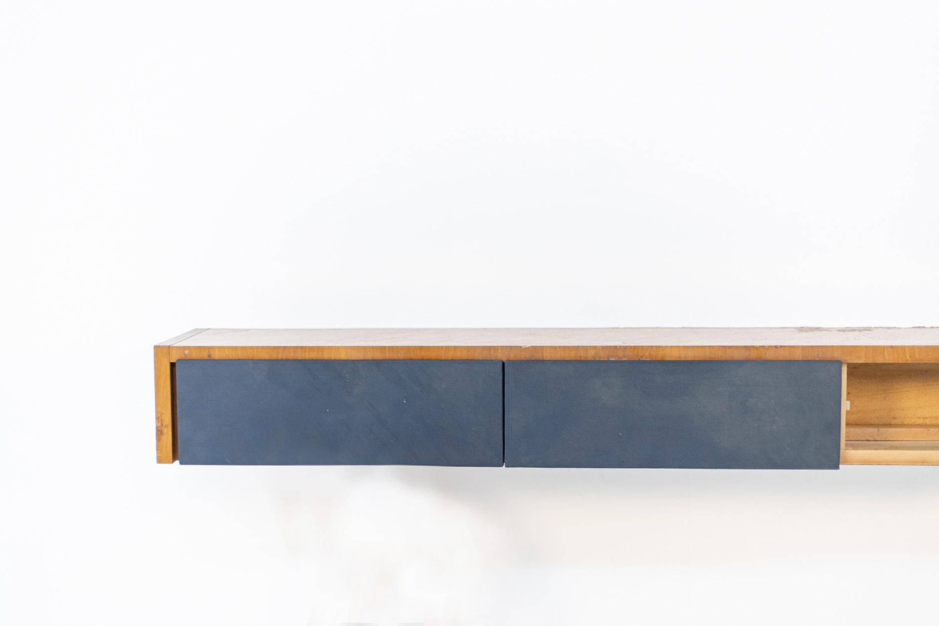 Mid-Century Modern Italian Wall Console Attr. to Melchiorre Bega in Walnut and Blue Fabric For Sale
