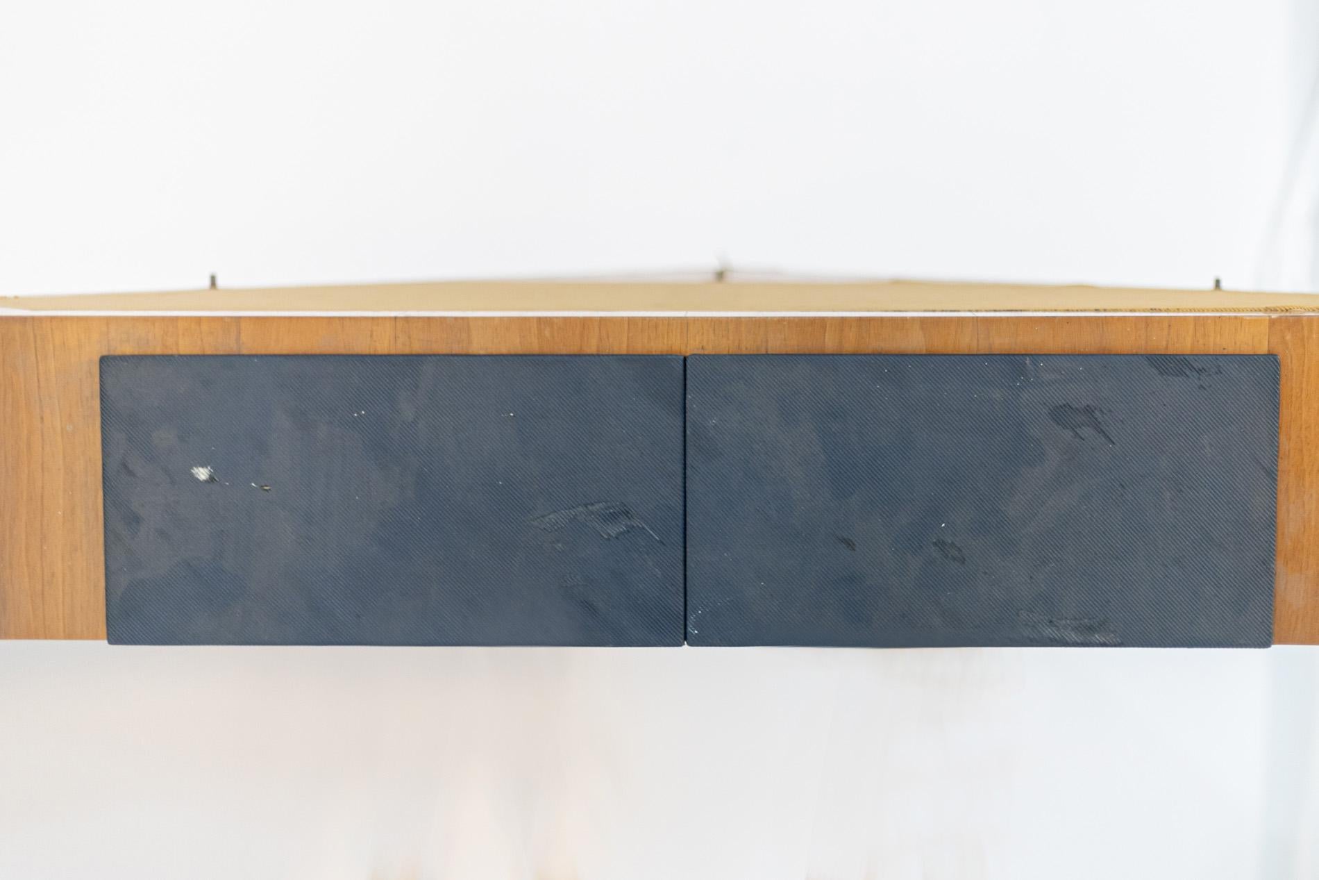 Mid-20th Century Italian Wall Console Attr. to Melchiorre Bega in Walnut and Blue Fabric For Sale