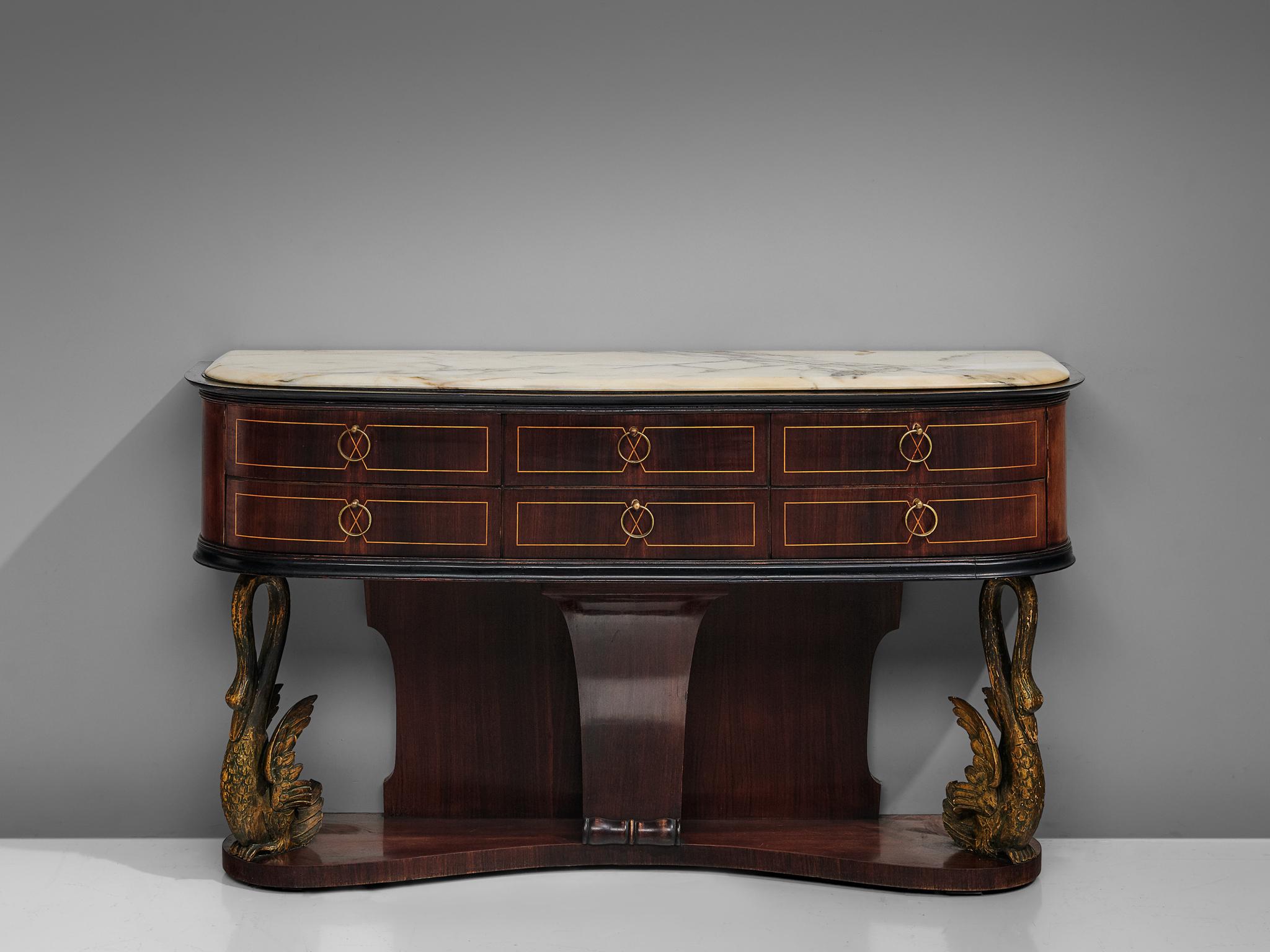 Wall console, rosewood, darkened beech, marble, Italy, 1950s

Very elegant wall console with beautiful details in the wood and brass. The console is supported by a central leg and two brass swans on either side. The darkened top of the console and