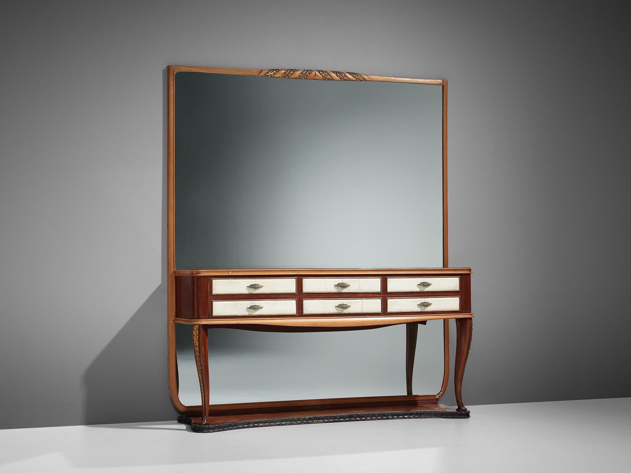 Wall console with large mirror, walnut, lacquered wood, mirror, Italy, 1940s

This Italian wall unit has a truly elegant appearance. The long console is connected to a large mirror which covers the wall above and under the console. The frame of the