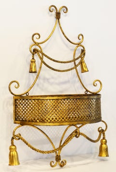 Italian Wall Hanging Demilune Gilt Metal Rope and Tassel Lattice Shelf Basket