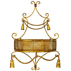 Retro Italian Wall Hanging Demilune Gilt Metal Rope and Tassel Lattice Shelf Basket