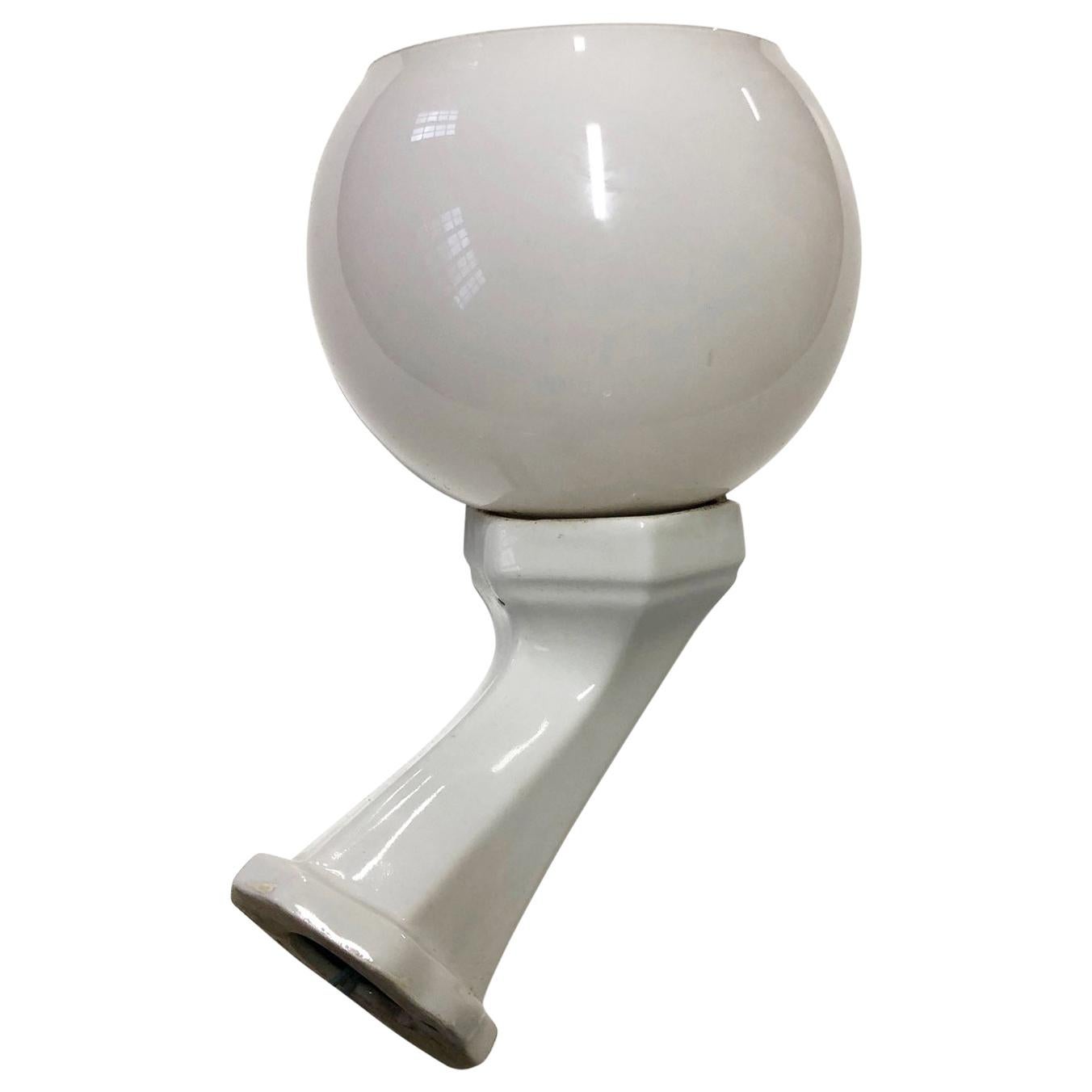 Italian Wall Lamp in White Porcelain, with Glass Shade For Sale