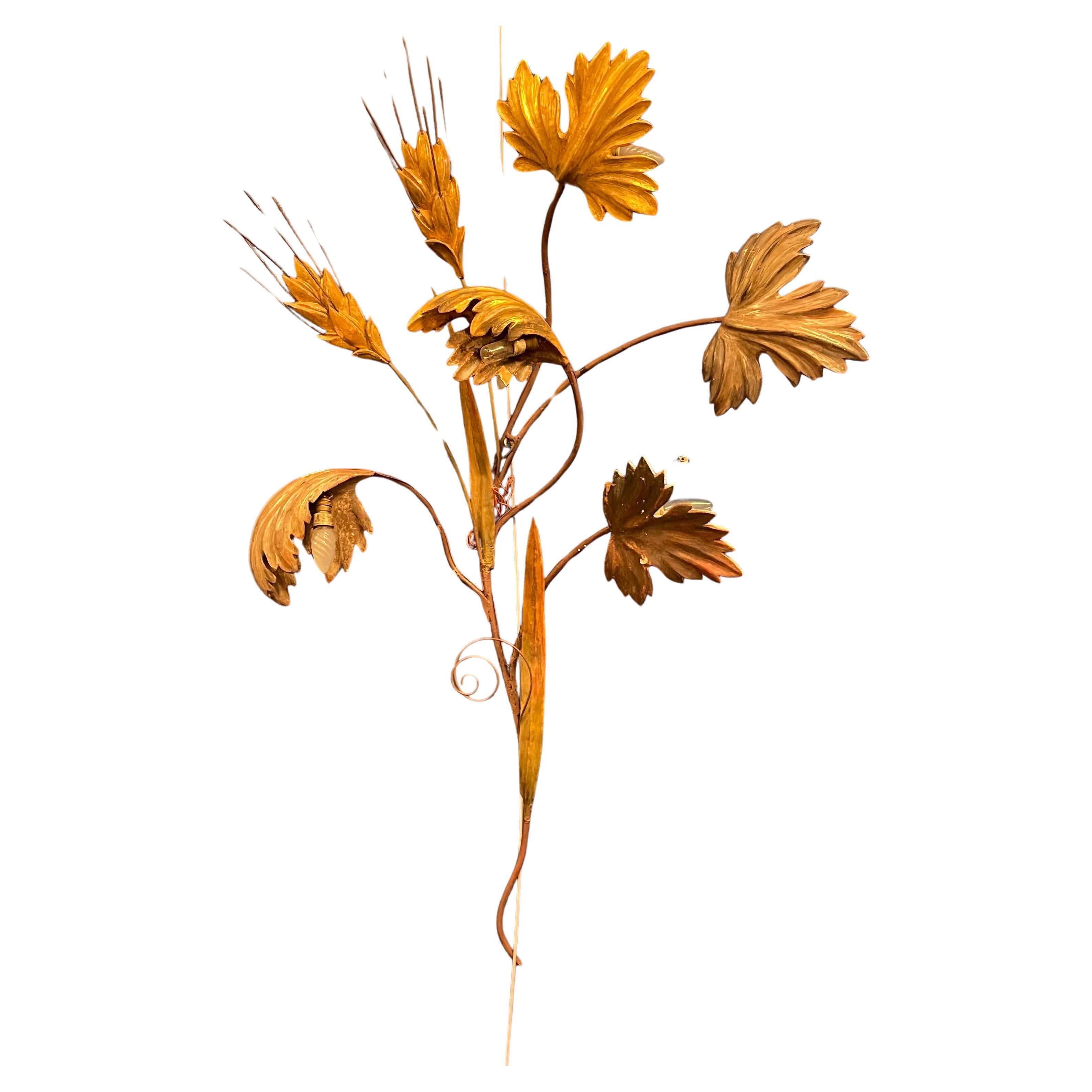 Italian Wall Lamp with Sculpted Wooden Leaves For Sale