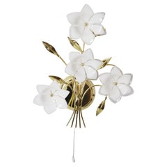 Italian Wall Lamp with White Glass Flowers and Golden Branches