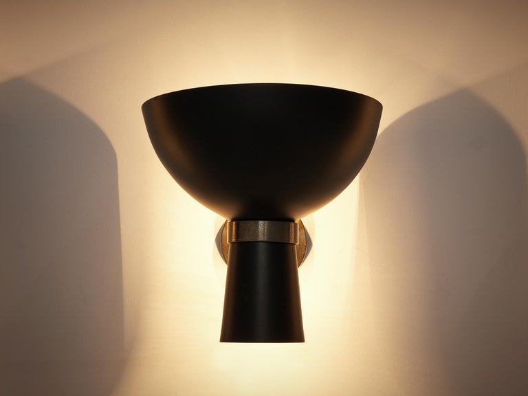Mid-Century Modern Italian Wall Lamps with Black Shades and Brass Mounts For Sale
