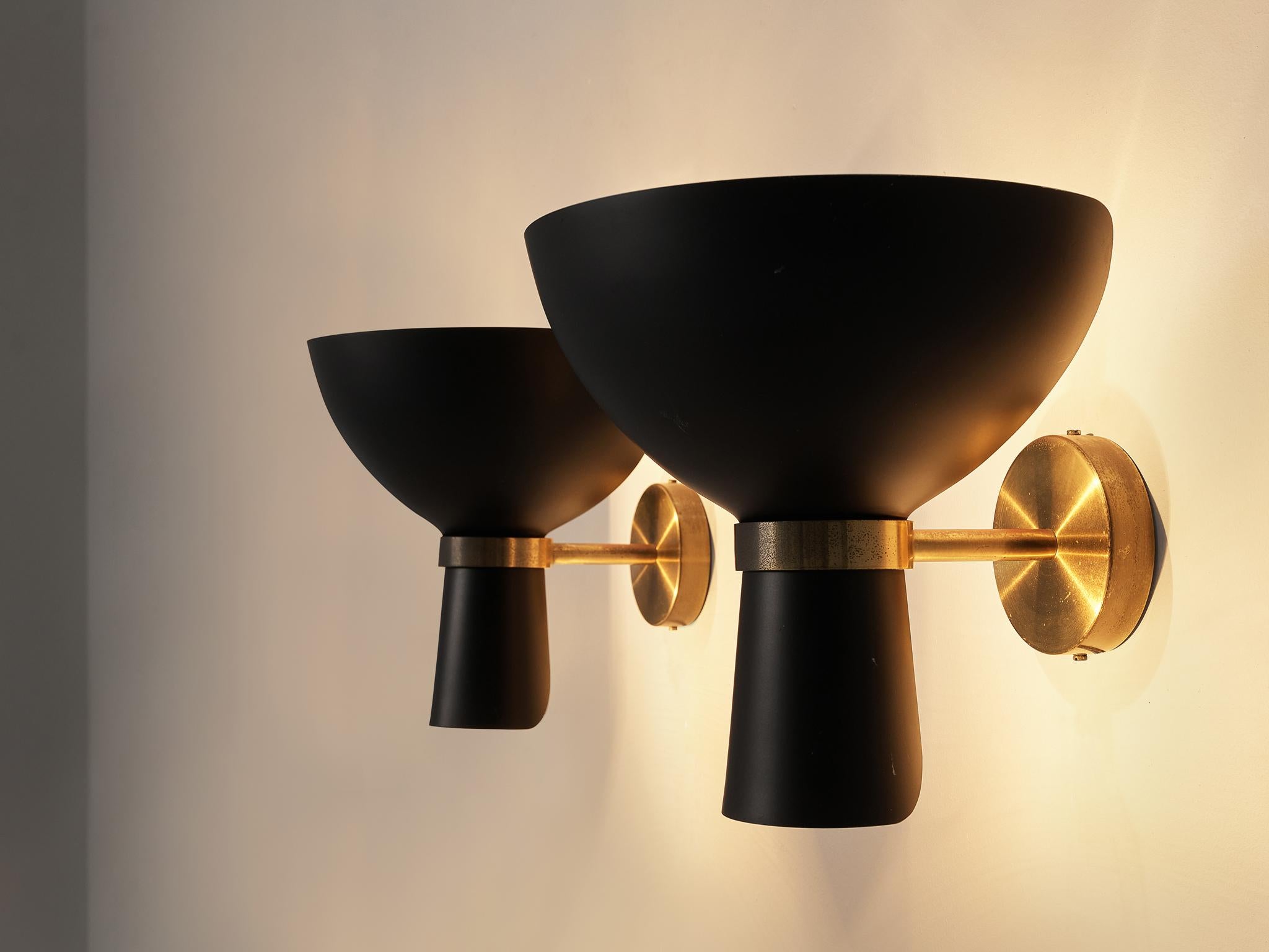 Metal Italian Wall Lamps with Black Shades and Brass Mounts