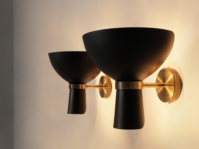 Metal Italian Wall Lamps with Black Shades and Brass Mounts For Sale