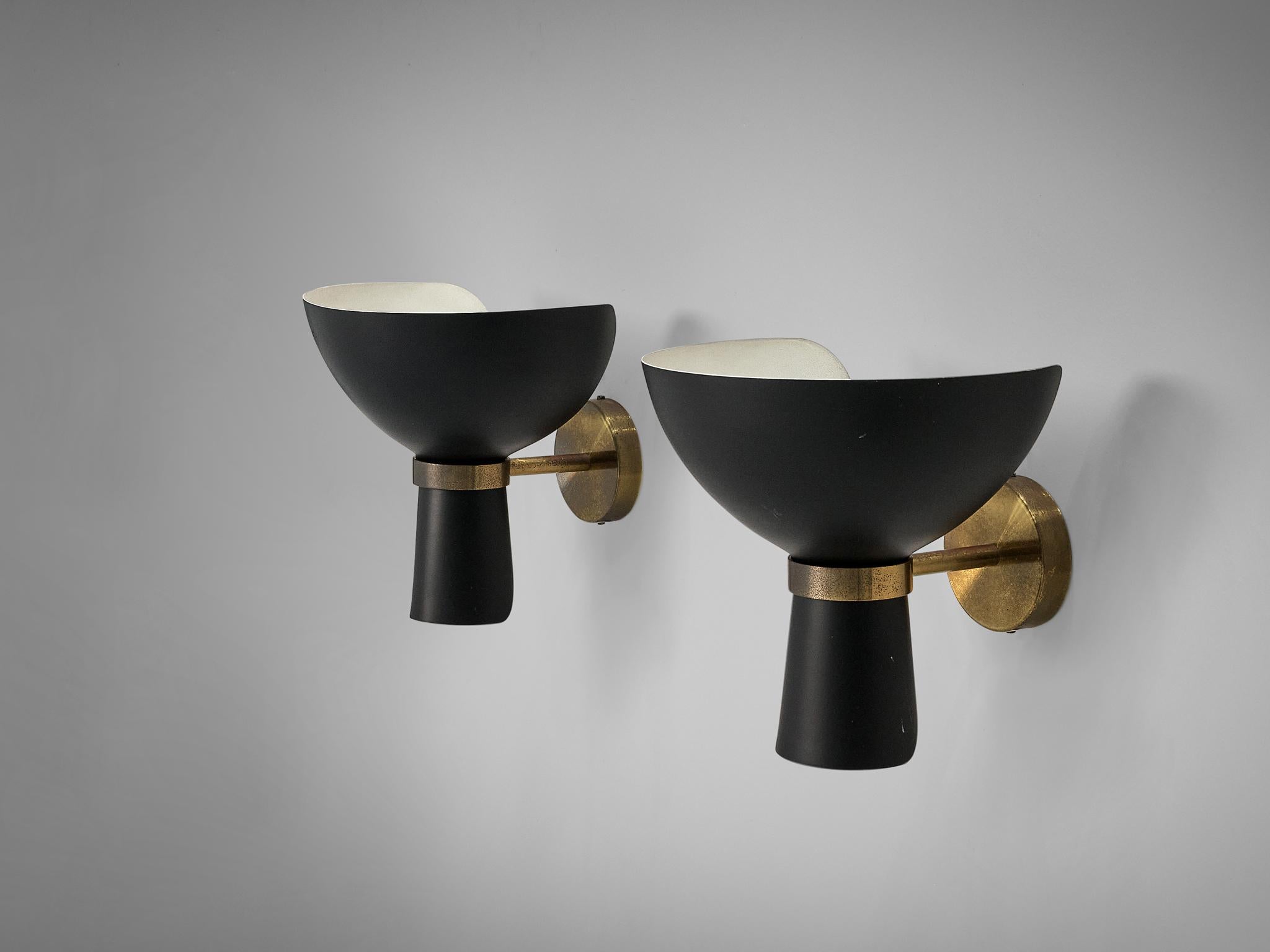 Italian Wall Lamps with Black Shades and Brass Mounts 2