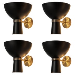 Italian Wall Lamps with Black Shades and Brass Mounts