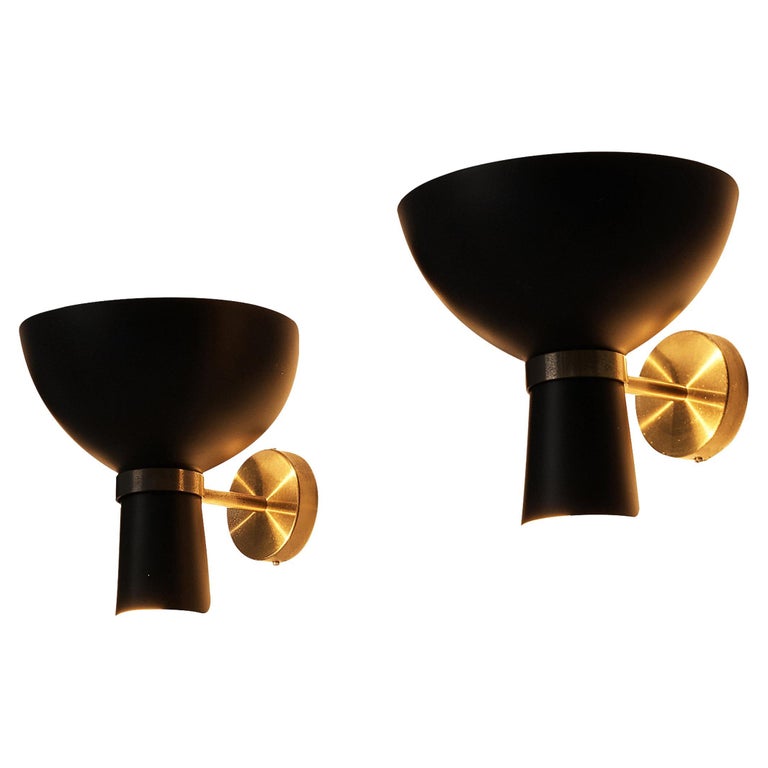 Italian Wall Lamps with Black Shades and Brass Mounts For Sale