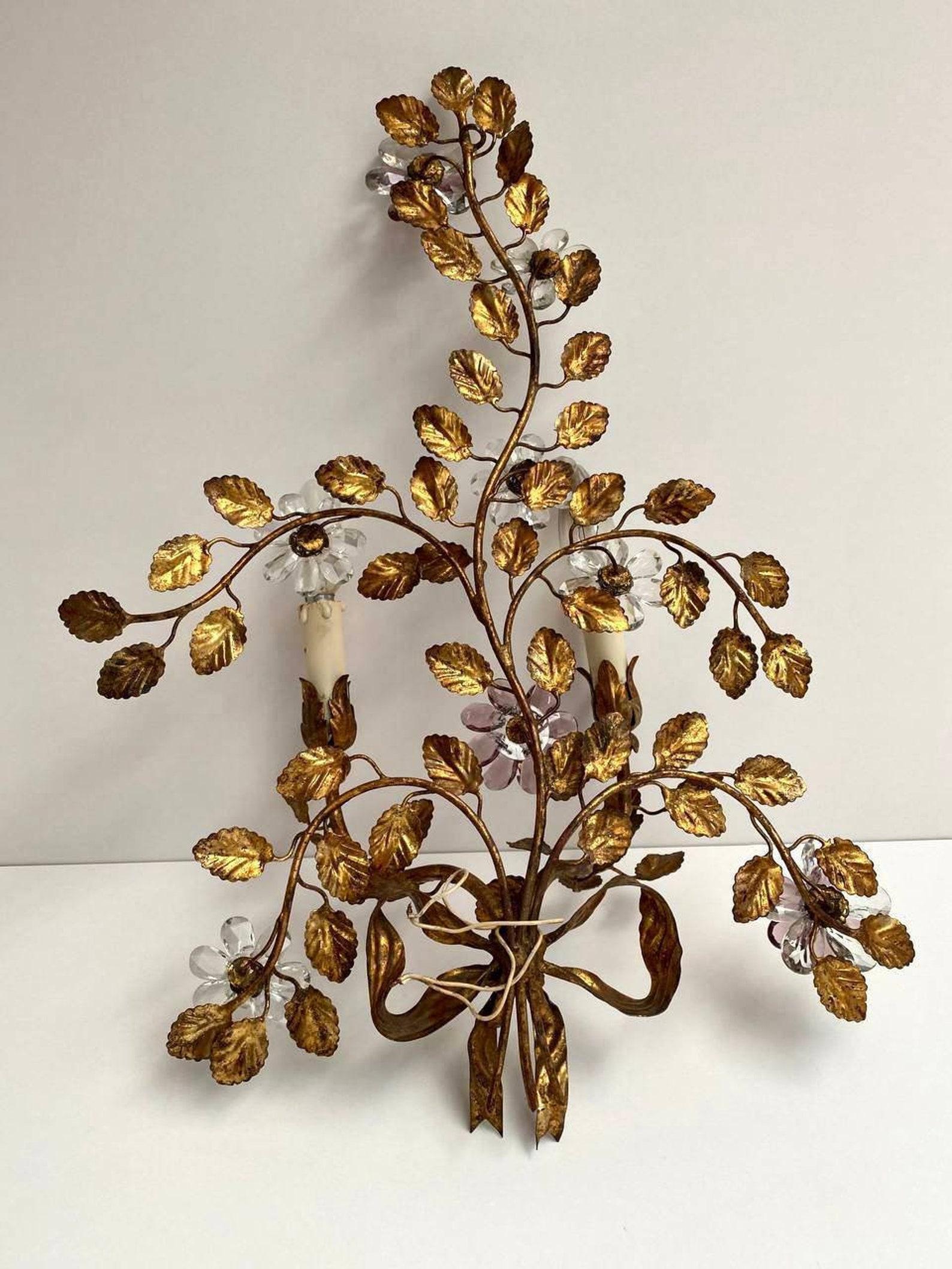 Hand-Carved Italian Wall Light in Metal with Crystal Flowers, Banci Firenze Sconce, 1960