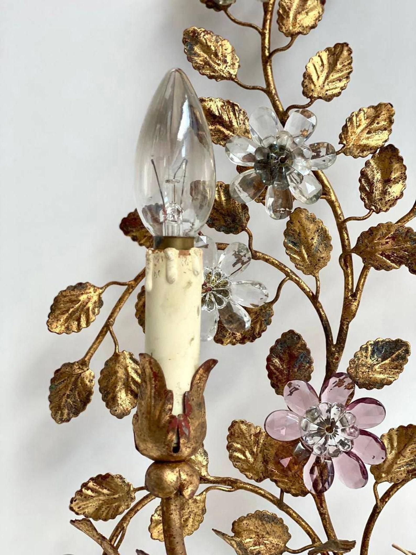 Mid-20th Century Italian Wall Light in Metal with Crystal Flowers, Banci Firenze Sconce, 1960