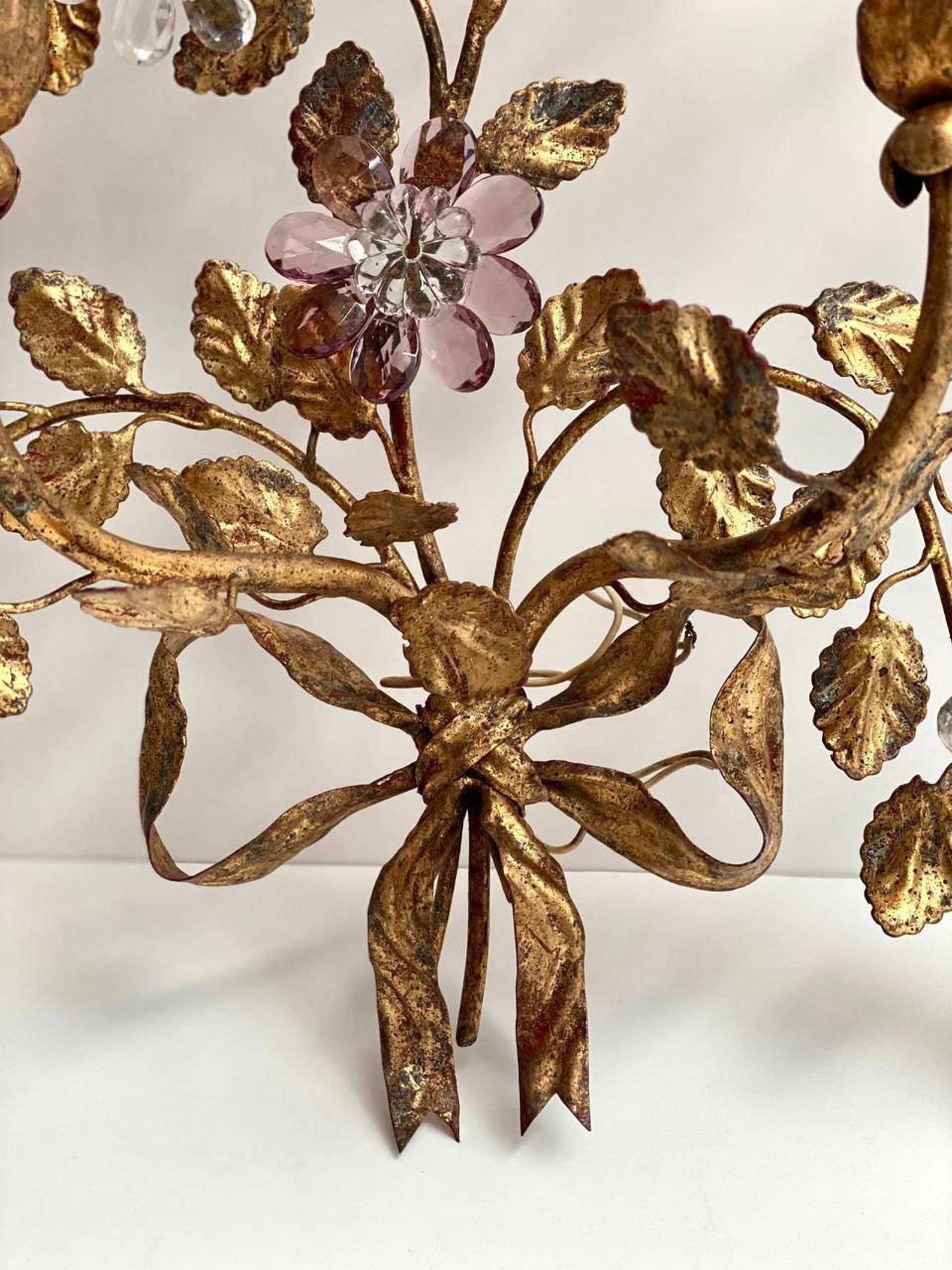 Italian Wall Light in Metal with Crystal Flowers, Banci Firenze Sconce, 1960 1