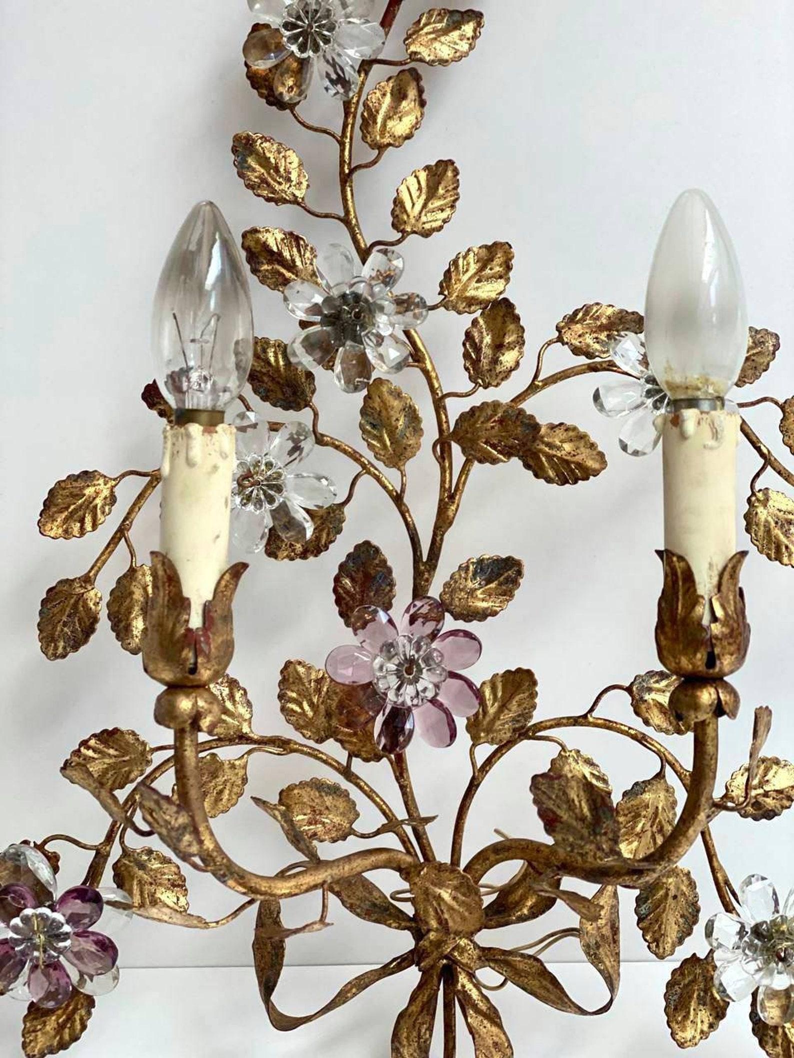 Italian Wall Light in Metal with Crystal Flowers, Banci Firenze Sconce, 1960 3