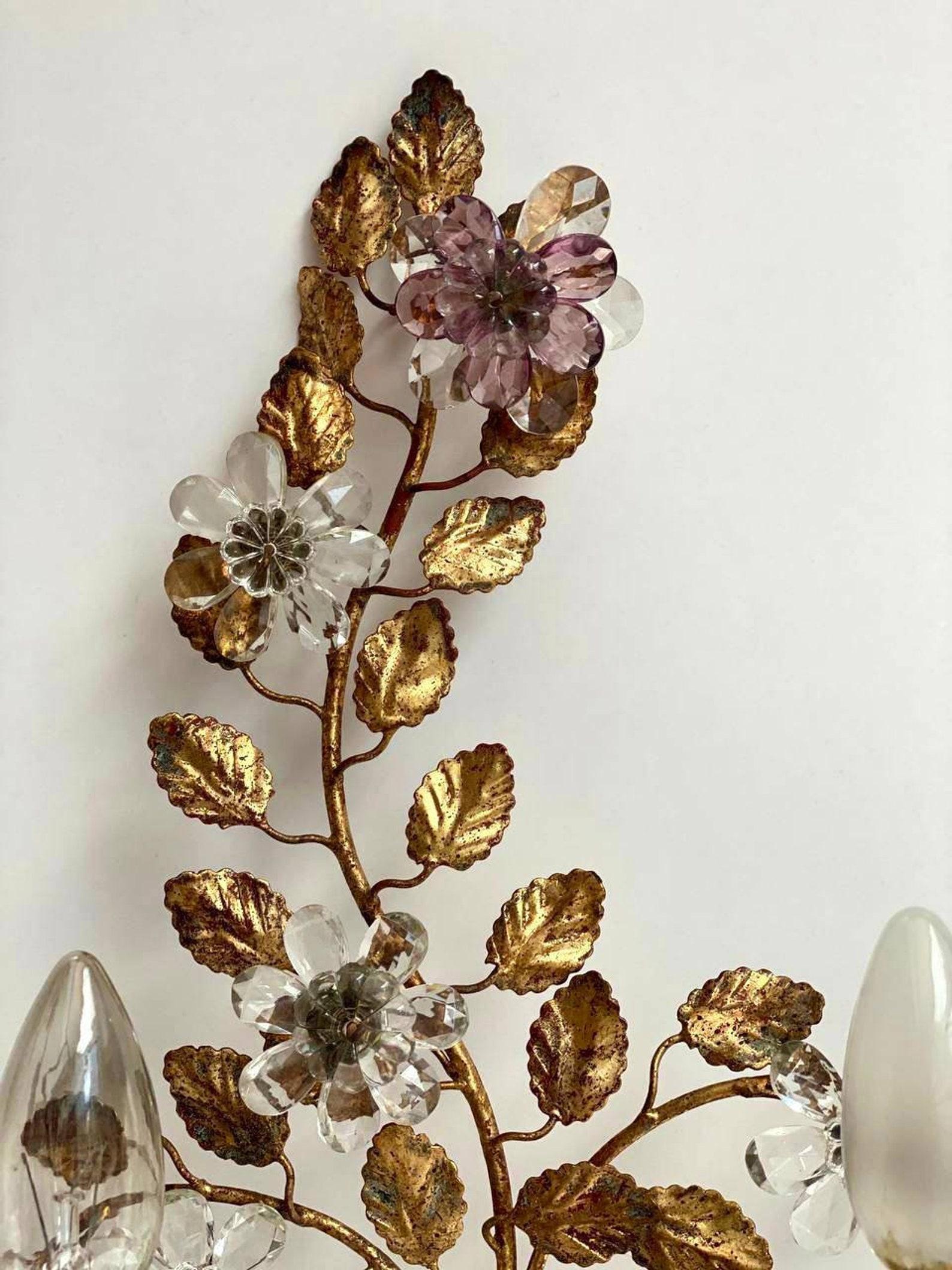 Italian Wall Light in Metal with Crystal Flowers, Banci Firenze Sconce, 1960 4