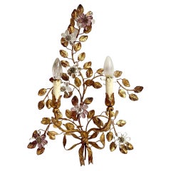 Italian Wall Light in Metal with Crystal Flowers, Banci Firenze Sconce, 1960