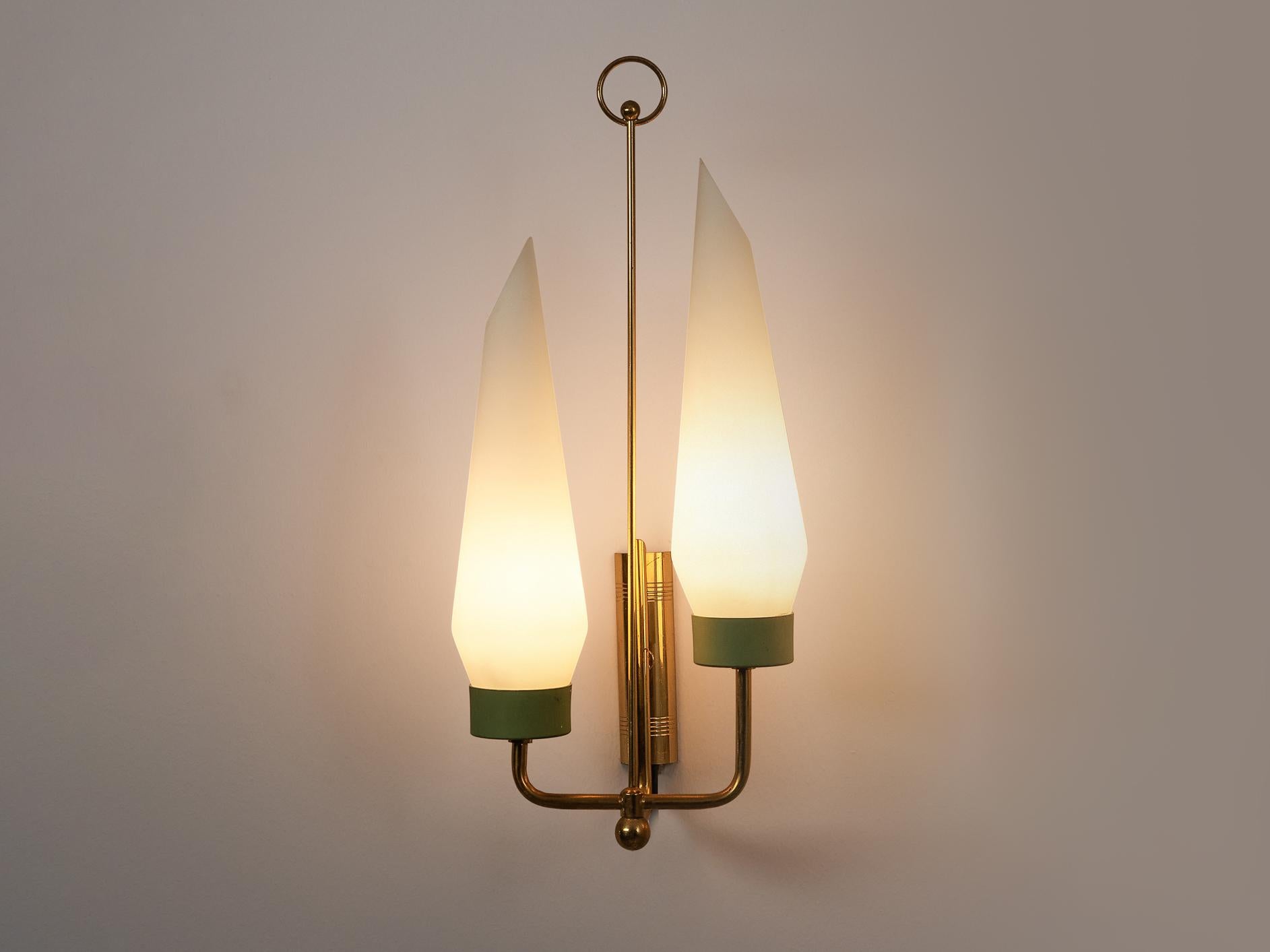 Wall light, opaline glass, brass, aluminum, Italy, 1950s

Elegant wall light made in Italy in the 1950s. This piece is made in the shape of a curved brass fixture that holds the opaline glass shades. The chamfered top and the widened body of the
