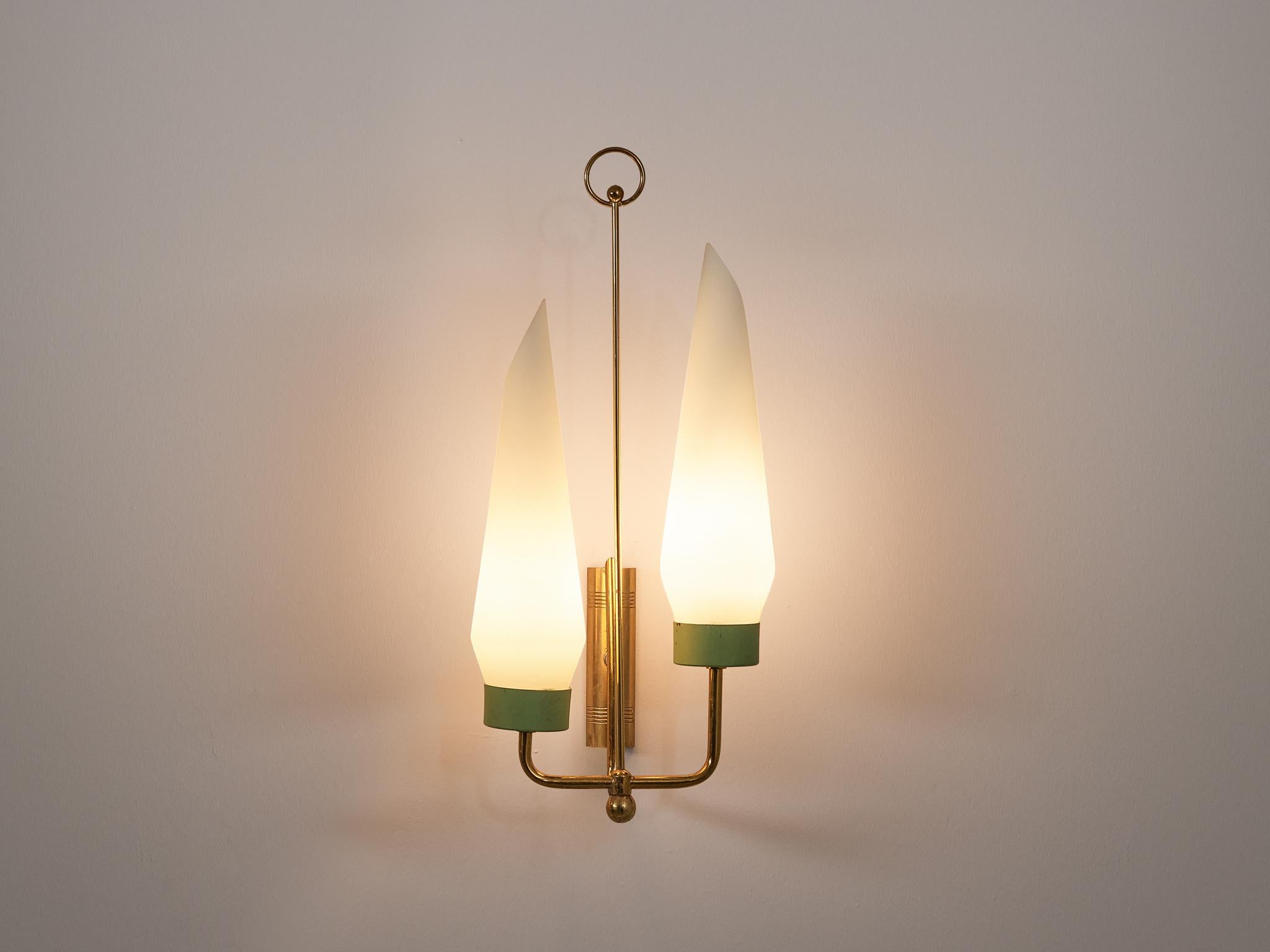 Aluminum Italian Wall Light in Opaline Glass and Brass For Sale