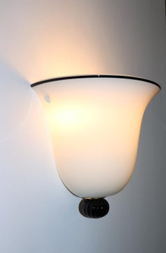 Italian Wall Light Milky White Murano Hand Blown Glass with Black Details