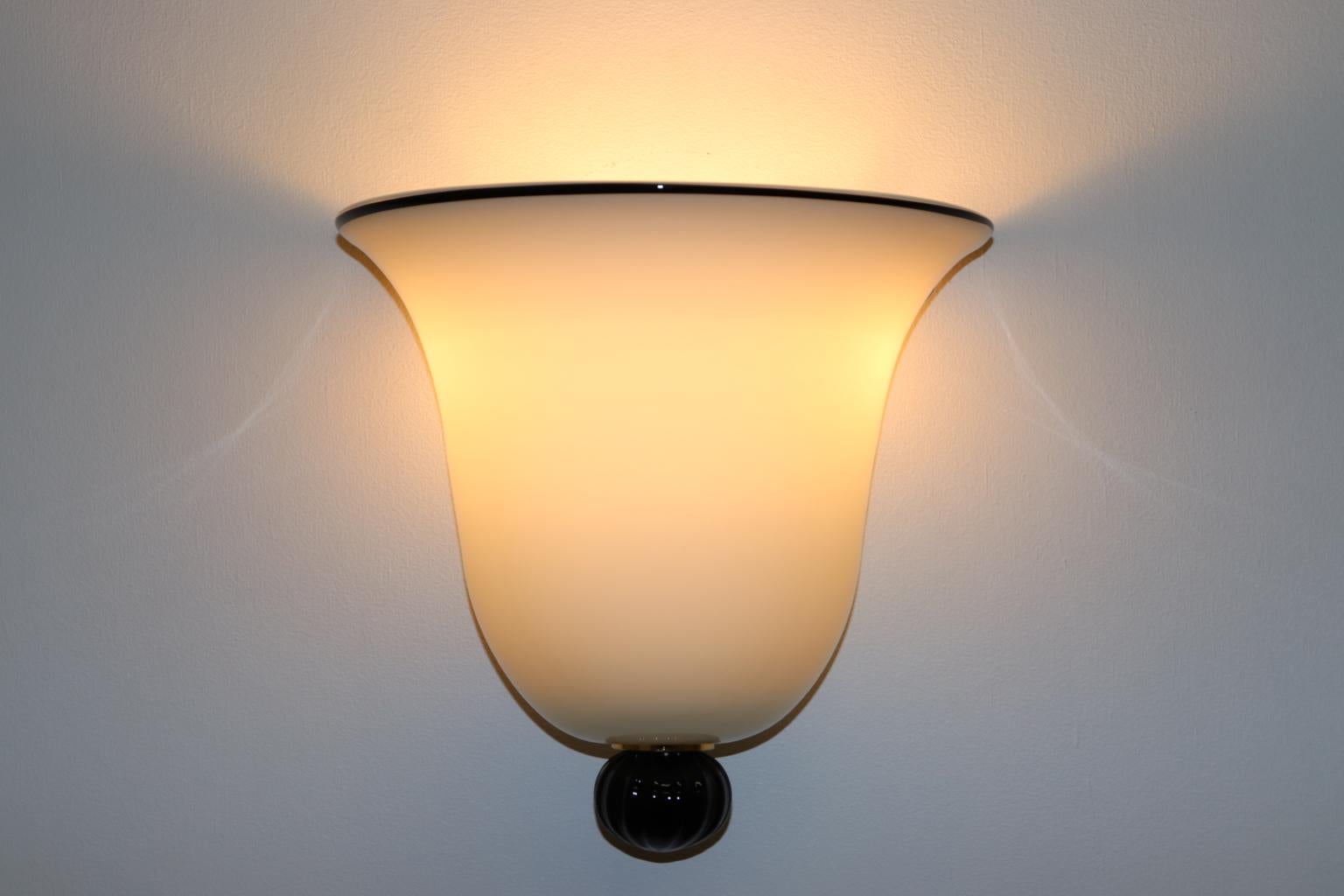 Mid-Century Modern Italian Wall Light Milky White Murano Hand Blown Glass with Black Details For Sale