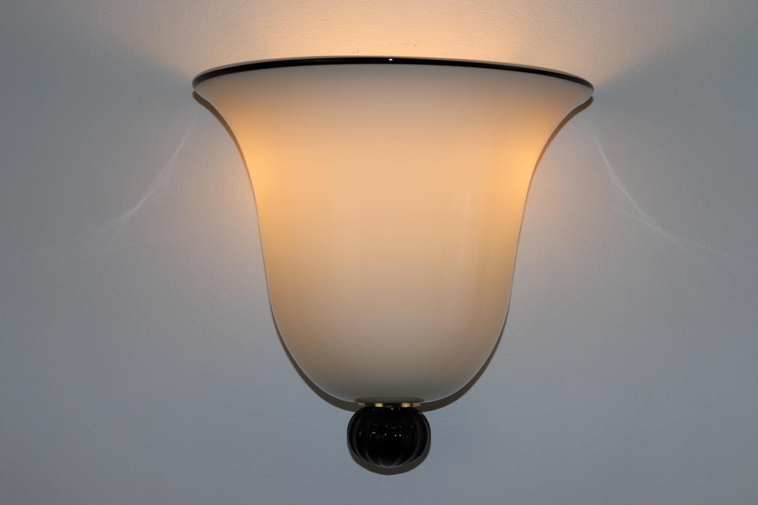 Hand-Crafted Italian Wall Light Milky White Murano Hand Blown Glass with Black Details For Sale