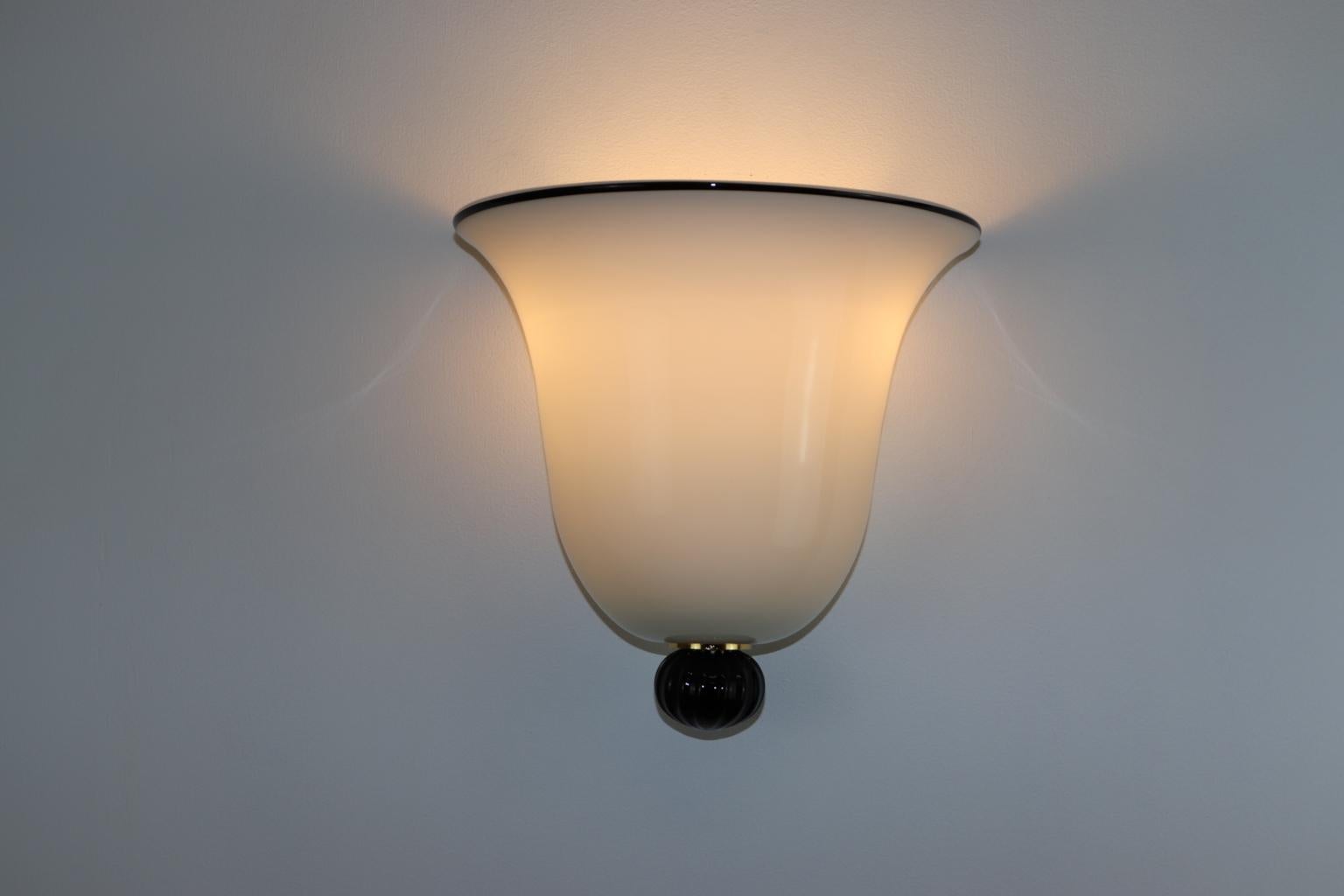 Italian Wall Light Milky White Murano Hand Blown Glass with Black Details In Excellent Condition For Sale In Saddle Brook , NJ