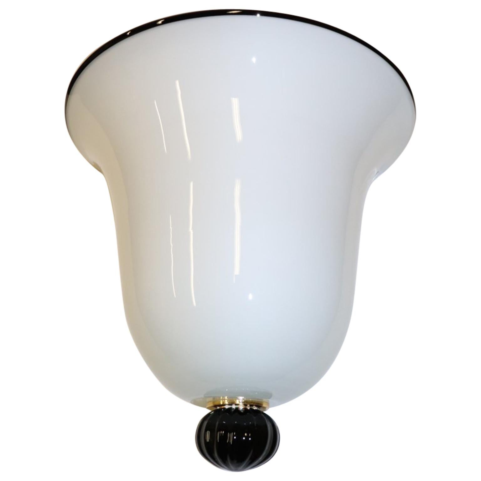 Italian Wall Light Milky White Murano Hand Blown Glass with Black Details For Sale
