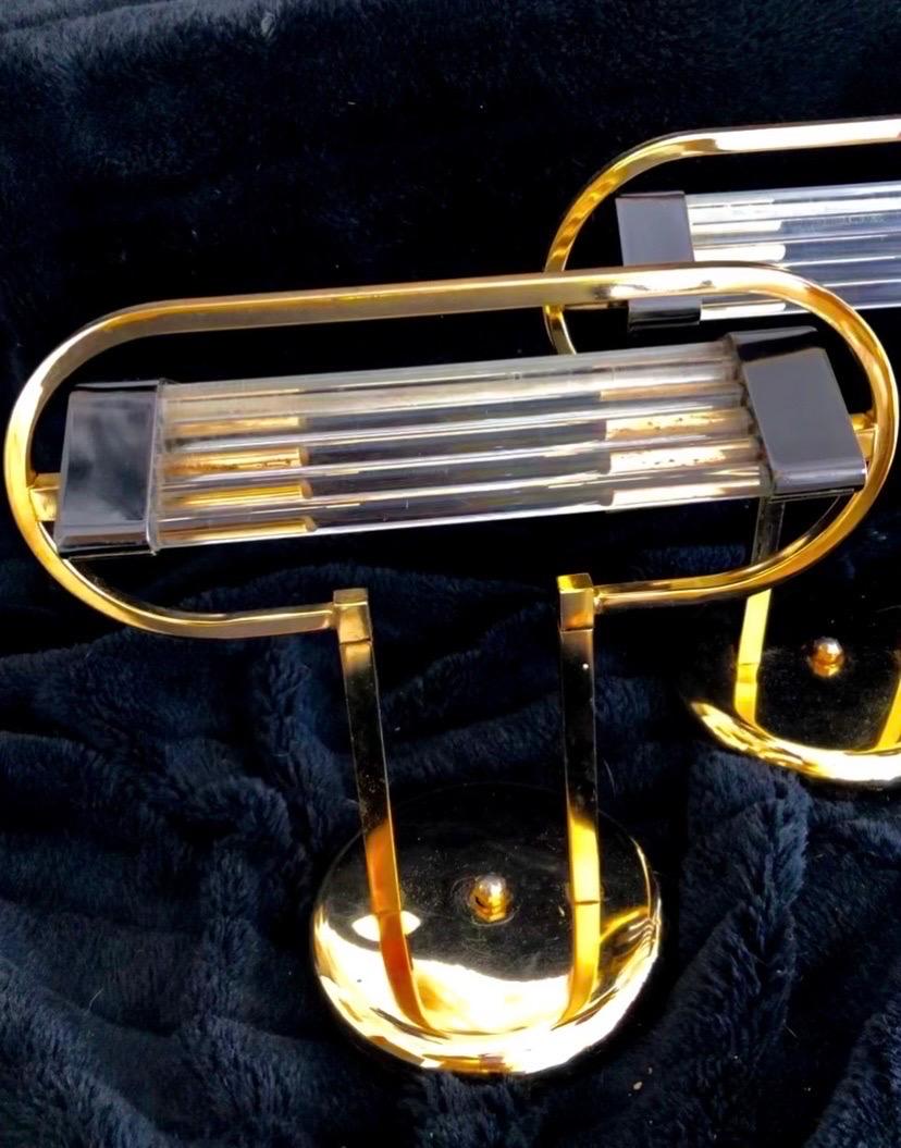 Italian Wall Lighting Pair Glass with Gilt Gold Structure, Italy, 1980 In Good Condition In DÉNIA, ES