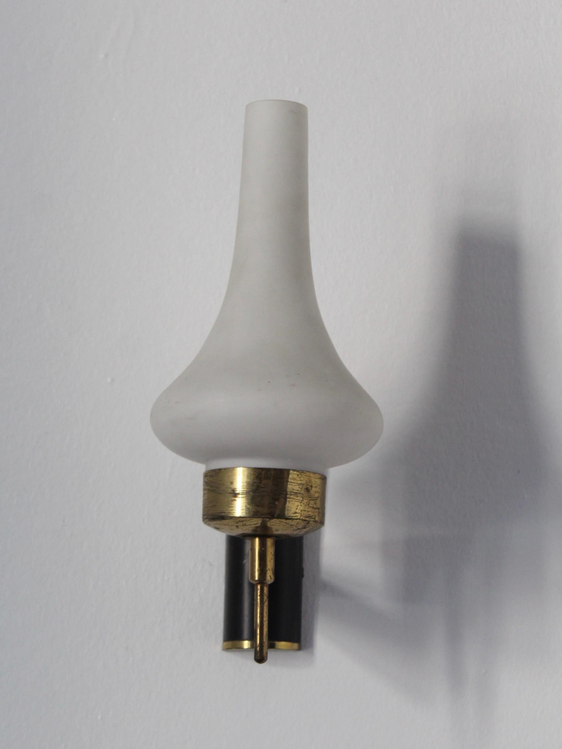Mid-Century Modern Italian, Wall Lights, Brass, Black Lacquer Metal, Teak, Milk Glass, Italy, 1950s For Sale