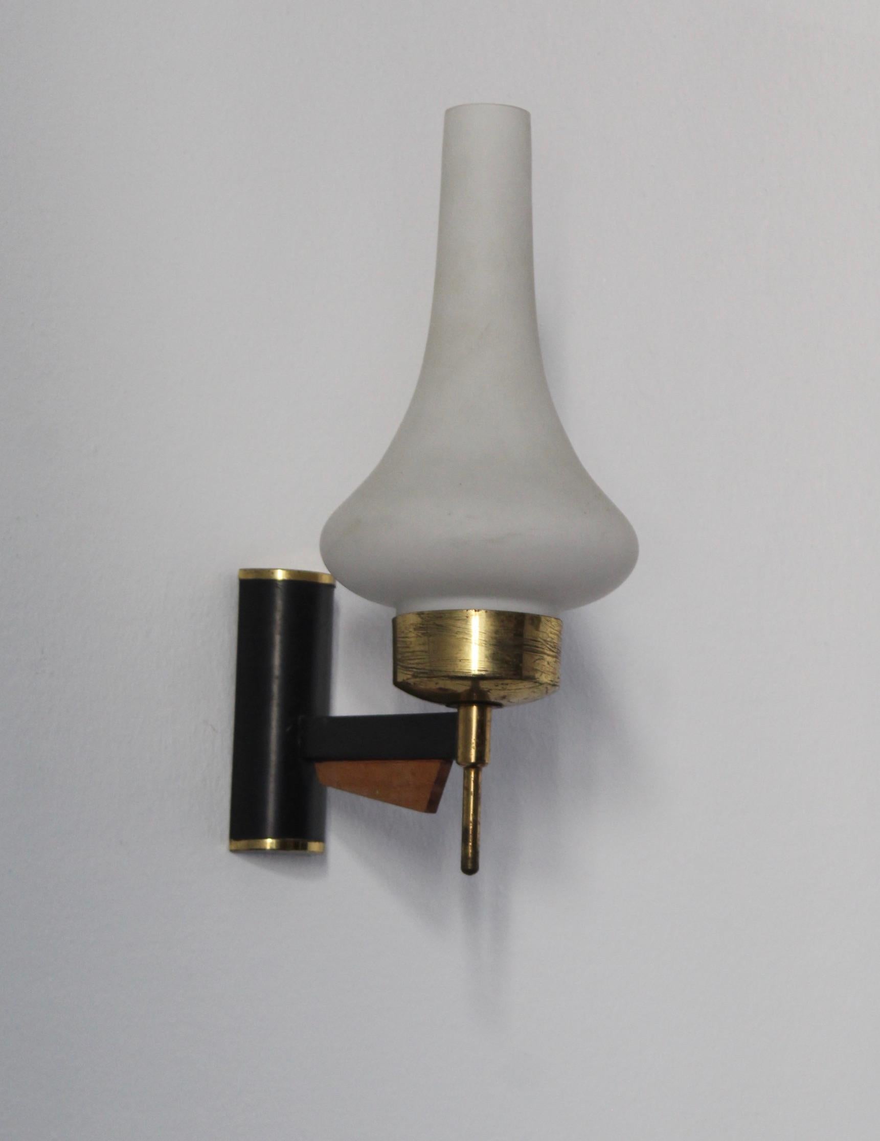 Italian, Wall Lights, Brass, Black Lacquer Metal, Teak, Milk Glass, Italy, 1950s In Good Condition For Sale In High Point, NC