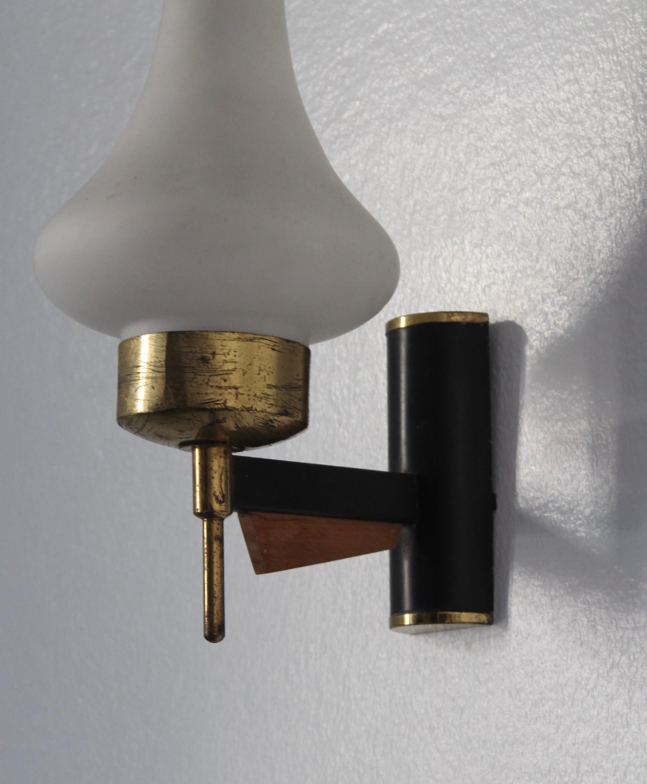 Mid-20th Century Italian, Wall Lights, Brass, Black Lacquer Metal, Teak, Milk Glass, Italy, 1950s For Sale