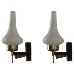 Italian, Wall Lights, Brass, Black Lacquer Metal, Teak, Milk Glass, Italy, 1950s