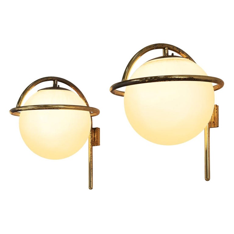 Italian Wall Lights in Brass and Opaline Glass For Sale