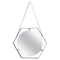 Italian Wall Mirror in Iron, Brass and Leather