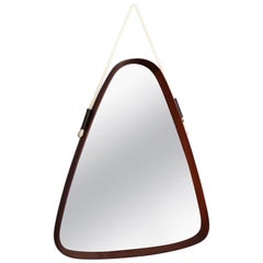 Italian Wall Mirror in Teak Wood in Triangle Shape with Nylon Cord, 1960s