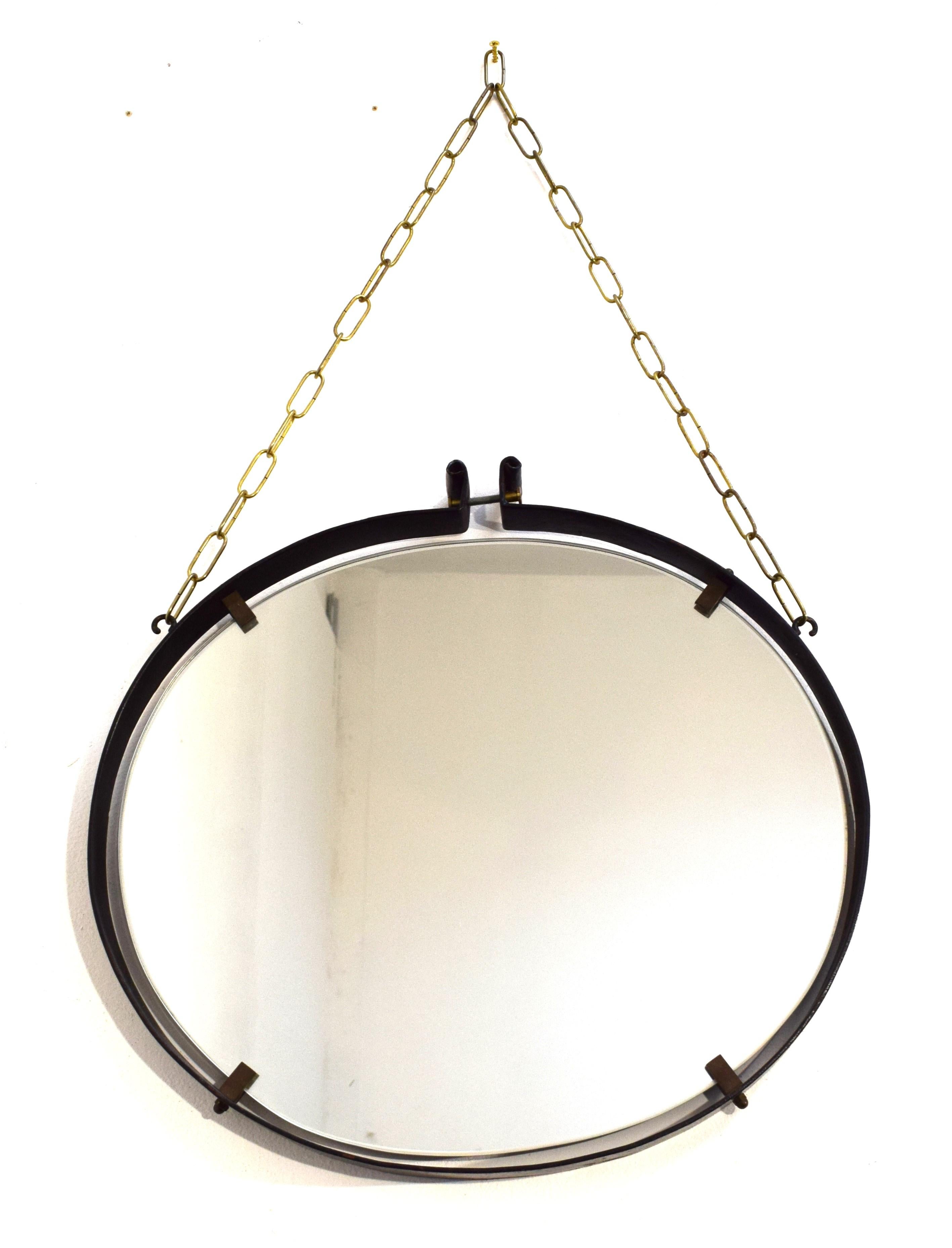 Mid-Century Modern Italian wall mirror, iron, brass and glass, 1960s For Sale
