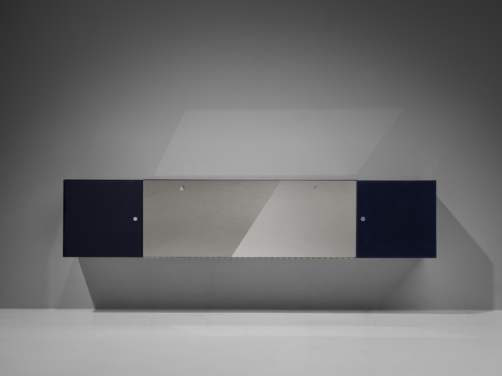 Mid-Century Modern Italian Wall-Mounted Dark Blue Sideboard with Mirrored Surface