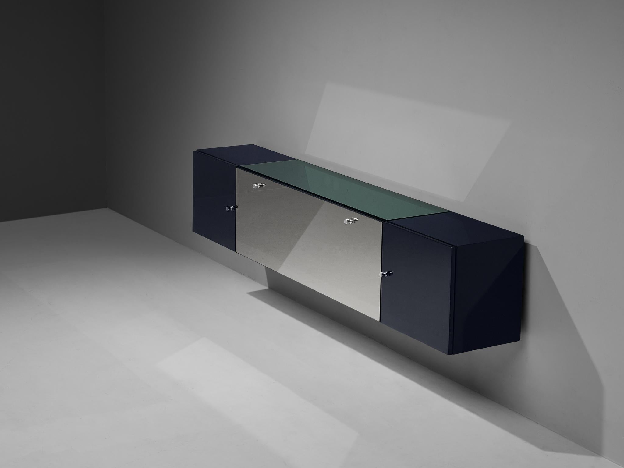 Late 20th Century Italian Wall-Mounted Dark Blue Sideboard with Mirrored Surface