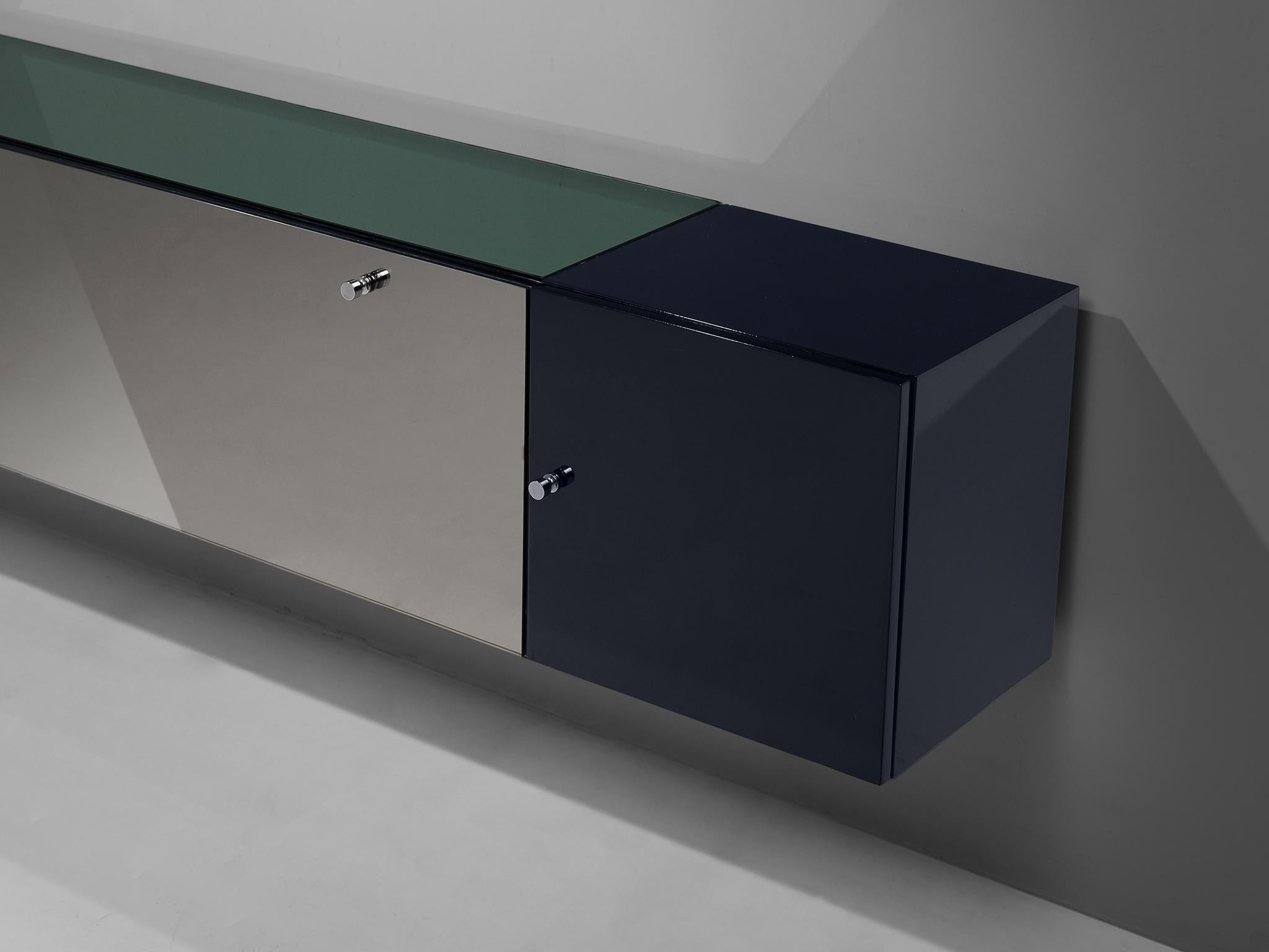 Italian Wall-Mounted Dark Blue Sideboard with Mirrored Surface 1