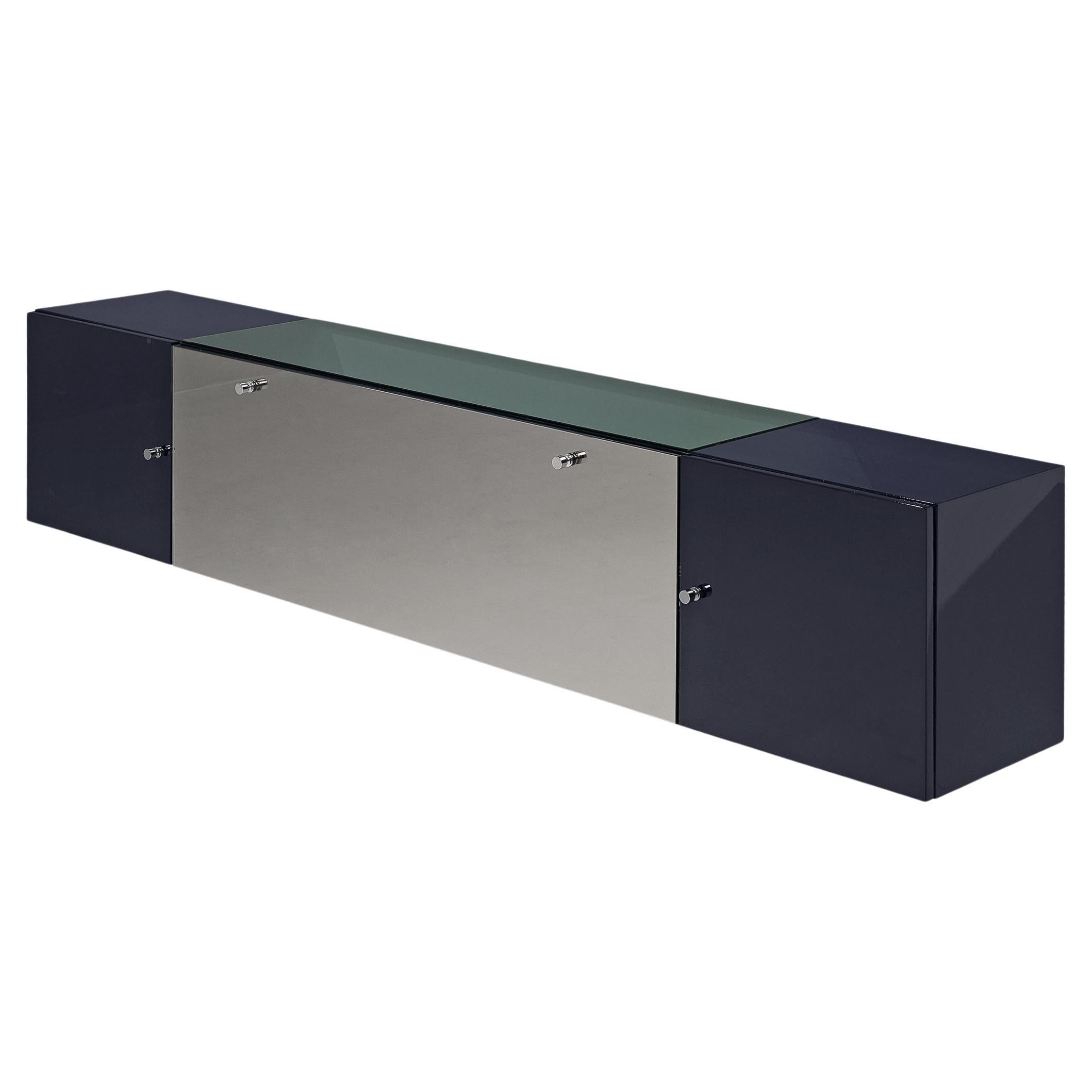 Italian Wall-Mounted Dark Blue Sideboard with Mirrored Surface