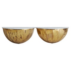 Italian Wall Mounted Demilune Brass Console with Carrara Marble Top