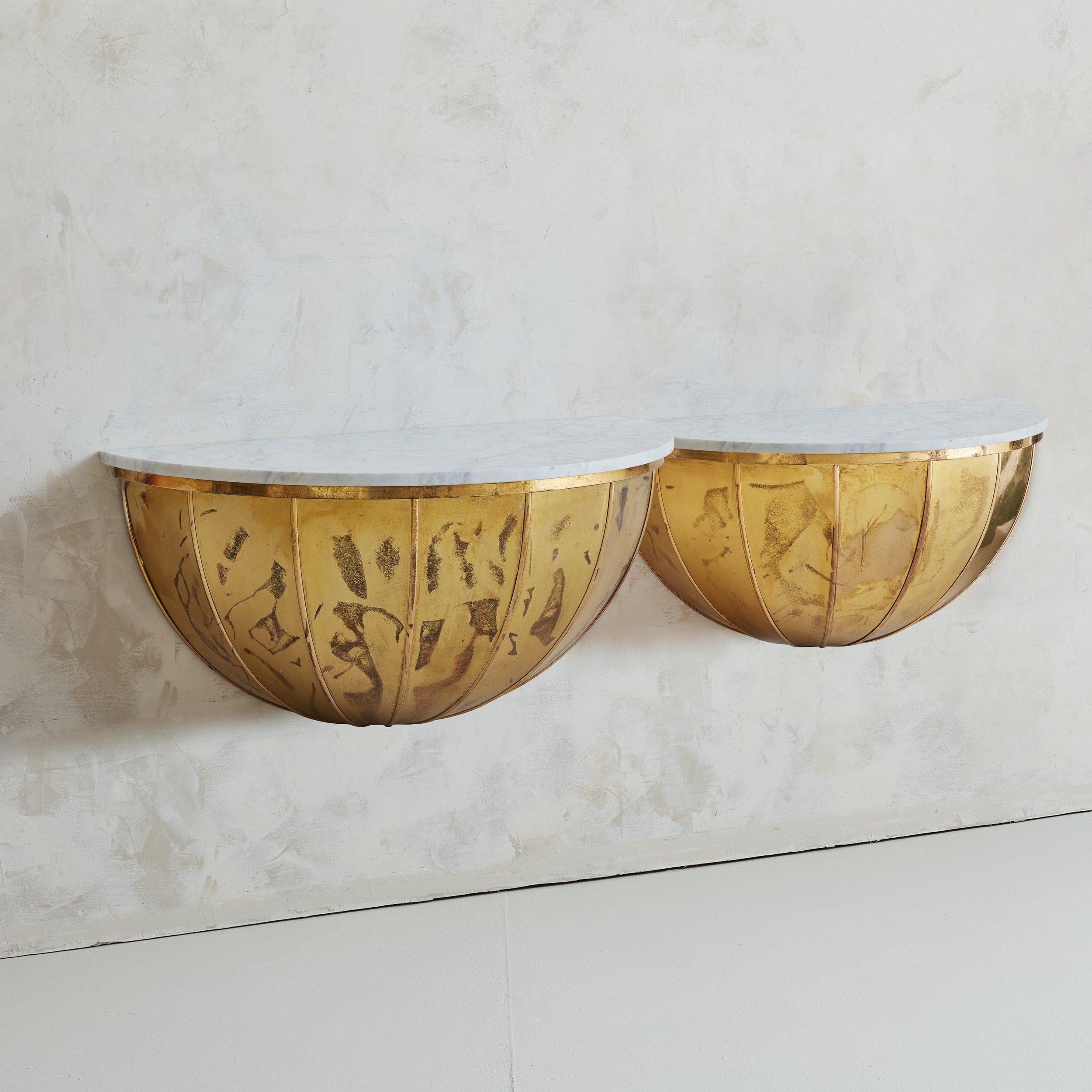 French Italian Wall Mounted Demilune Brass Console with Carrara Marble Top- 2 Available For Sale