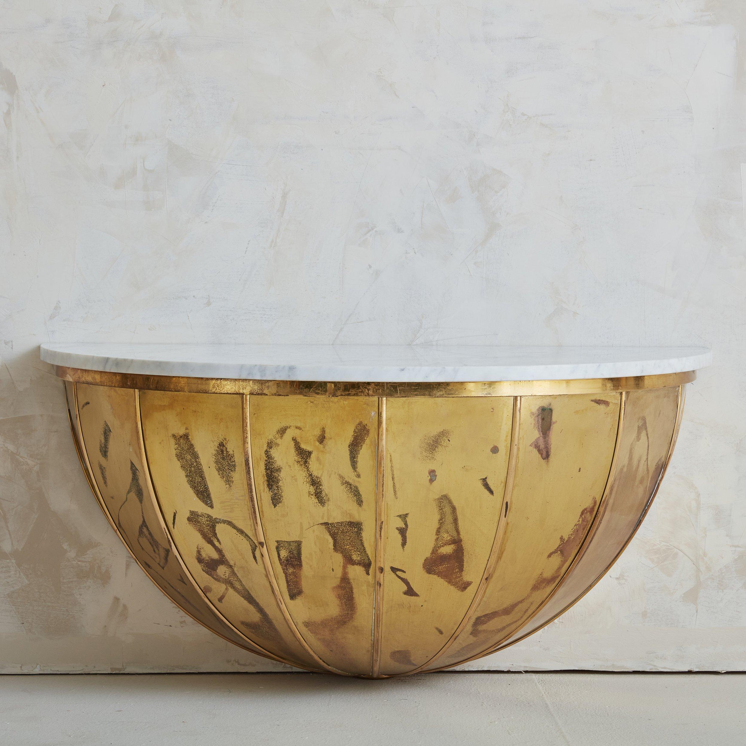 Italian Wall Mounted Demilune Brass Console with Carrara Marble Top- 2 Available In Excellent Condition For Sale In Chicago, IL