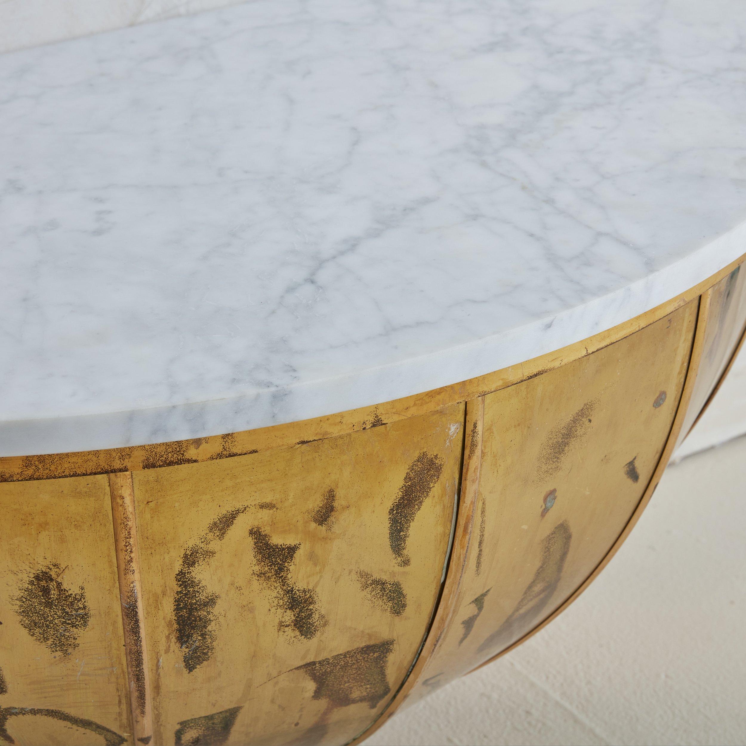 Metal Italian Wall Mounted Demilune Brass Console with Carrara Marble Top- 2 Available For Sale