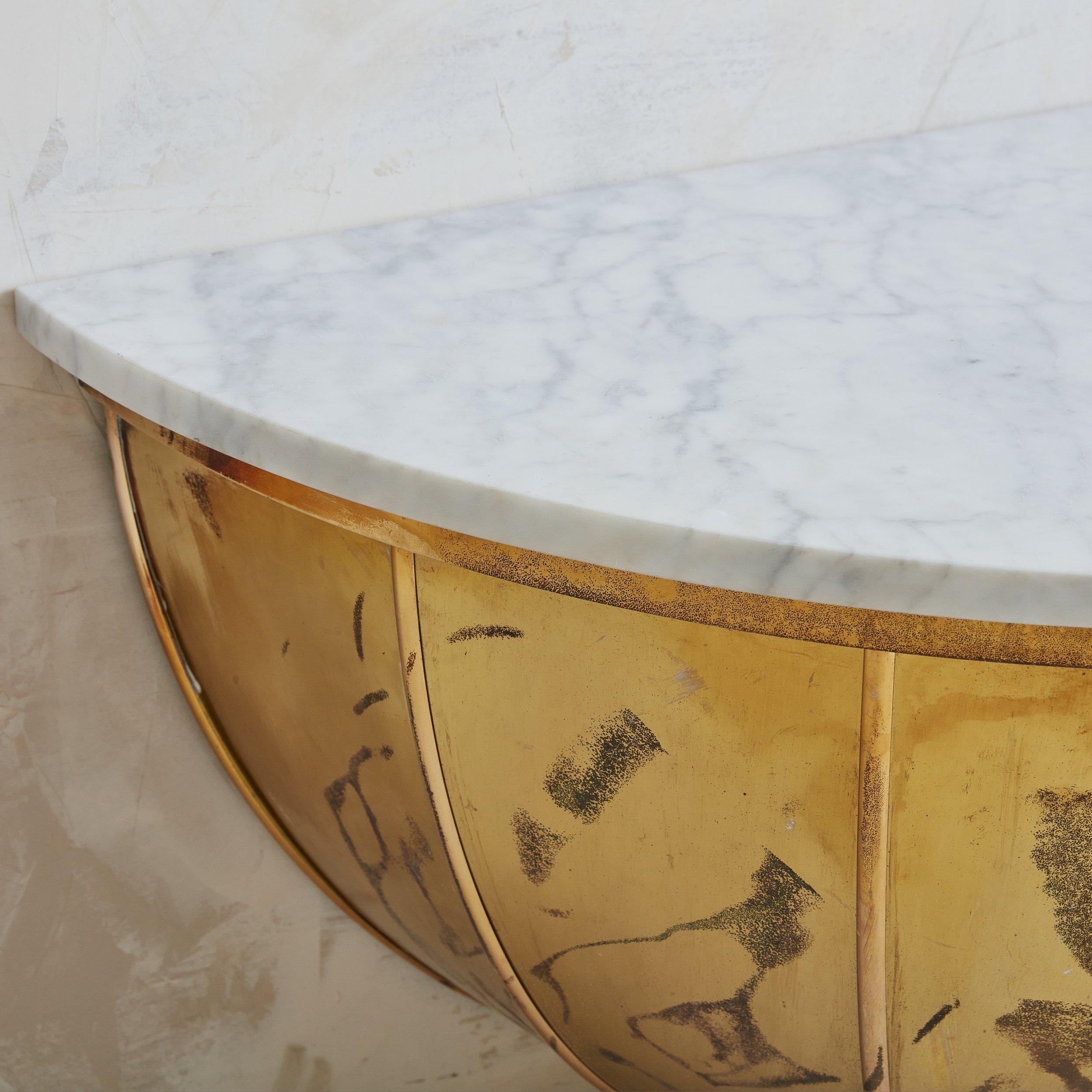 Italian Wall Mounted Demilune Brass Console with Carrara Marble Top- 2 Available For Sale 2
