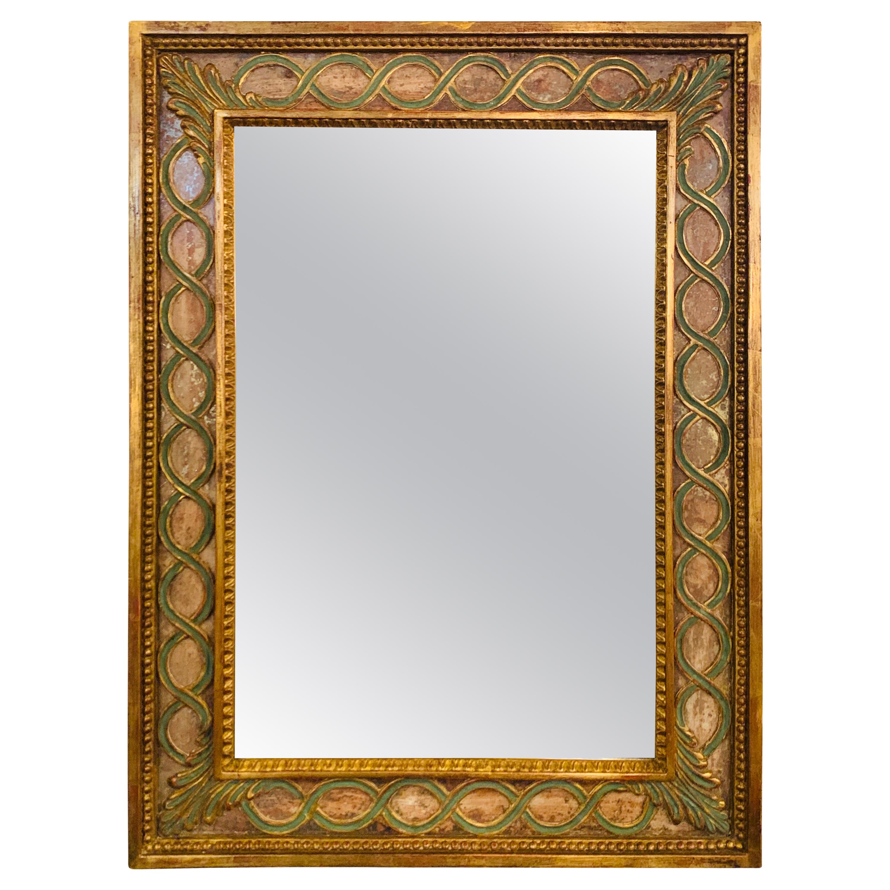 Italian Wall or Vanity Mirror with Antiqued Giltwood and Hand Painted Frame