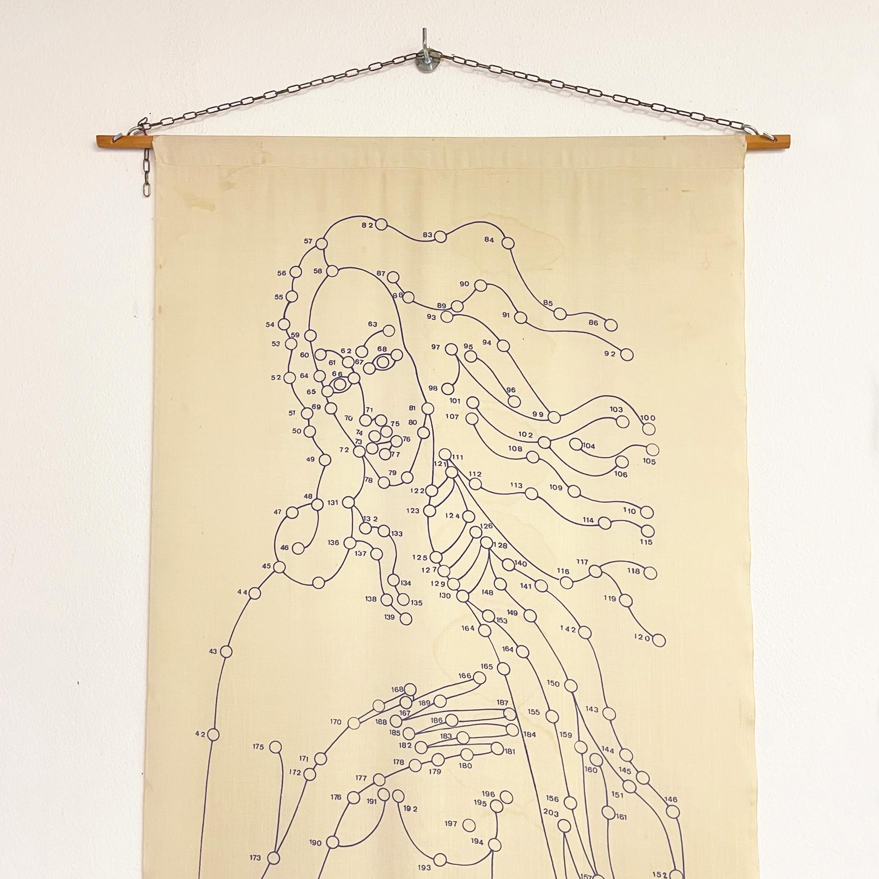 Italian Mid-Century Modern wall print on fabric of Botticelli's Venus by Pino Tovaglia, 1969
Wall fabric print supported by two round section wooden rods on the top and bottom. The print features an outline illustration with numbered dots of
